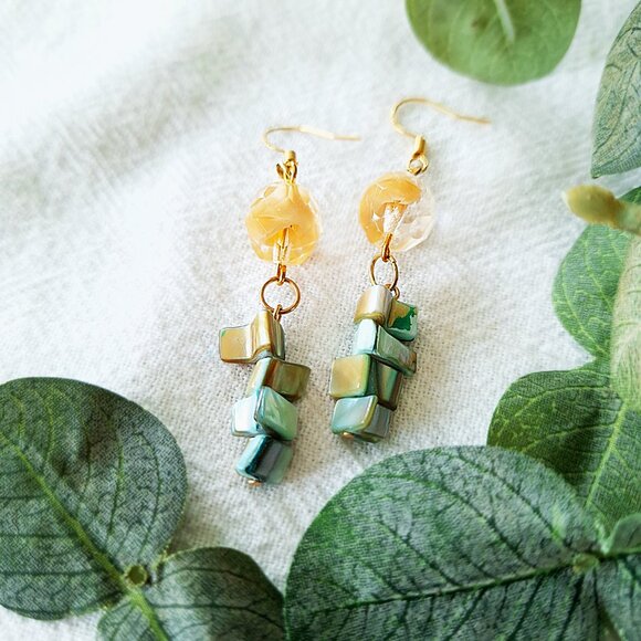 Handmade Mother of Pearl Earrings – Boho Chic Gold Dangle, Coastal Cowgirl - Picture 3 of 7